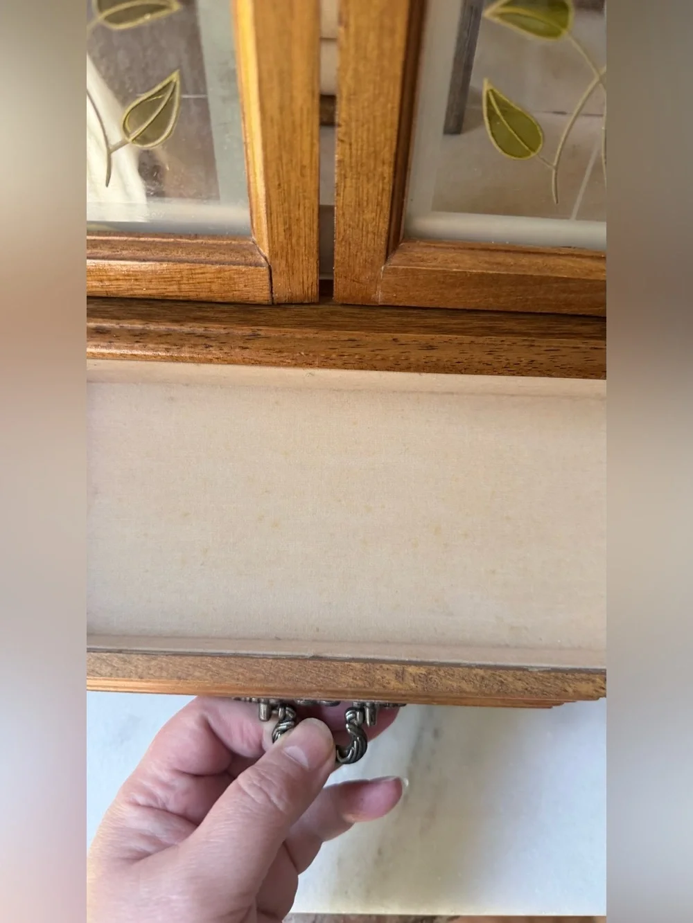 Vintage Wooden Jewelry Armoire with Floral Glass Doors